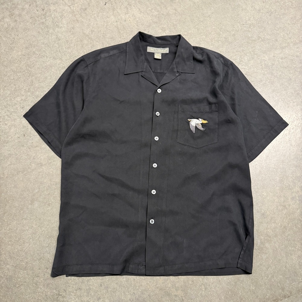 Tori Richard Honolulu Mens Large Black Silk Pelican Air Seaplane Camp Shirt